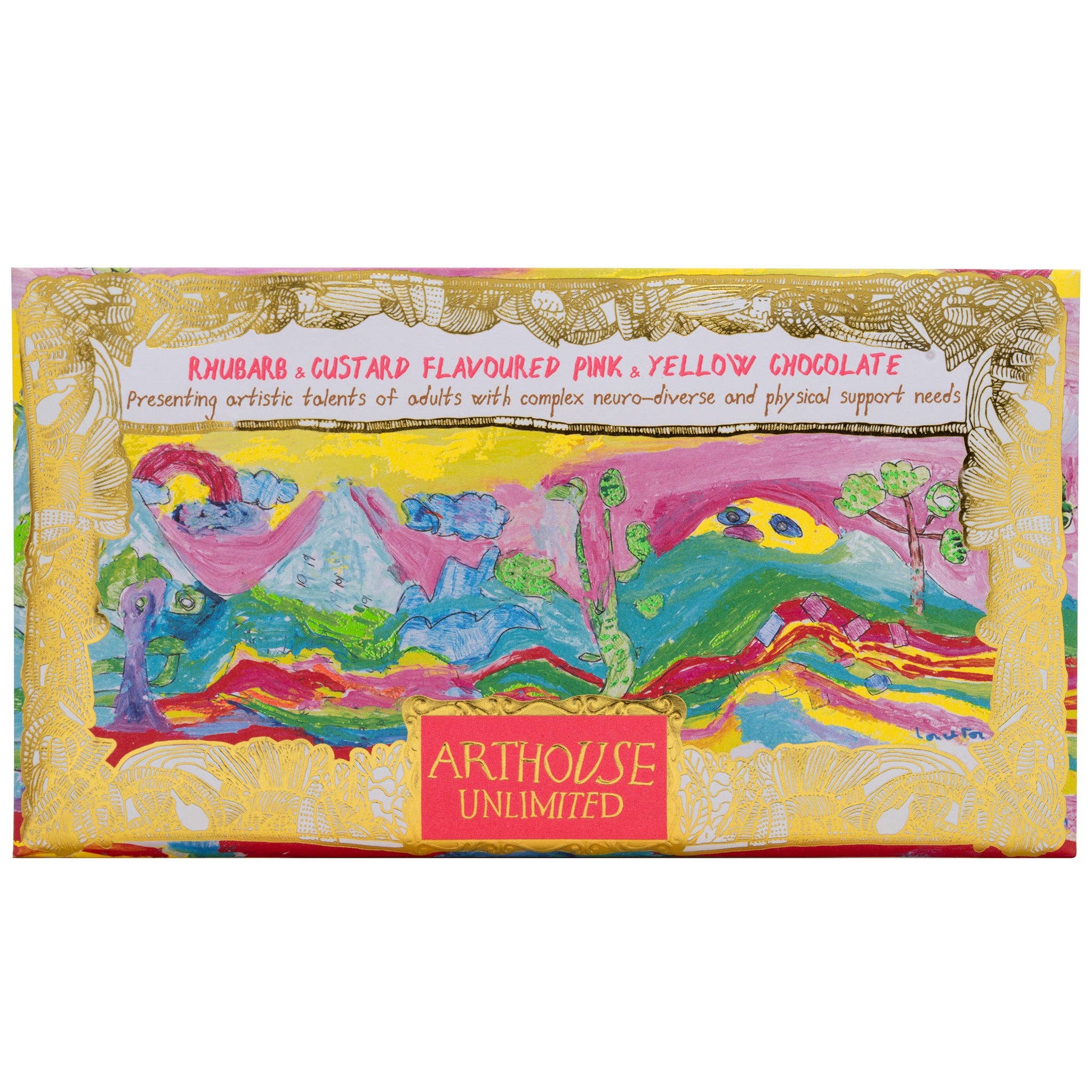 Colorful chocolate bar packaging with artistic design and 'Arthouse Unlimited' branding.