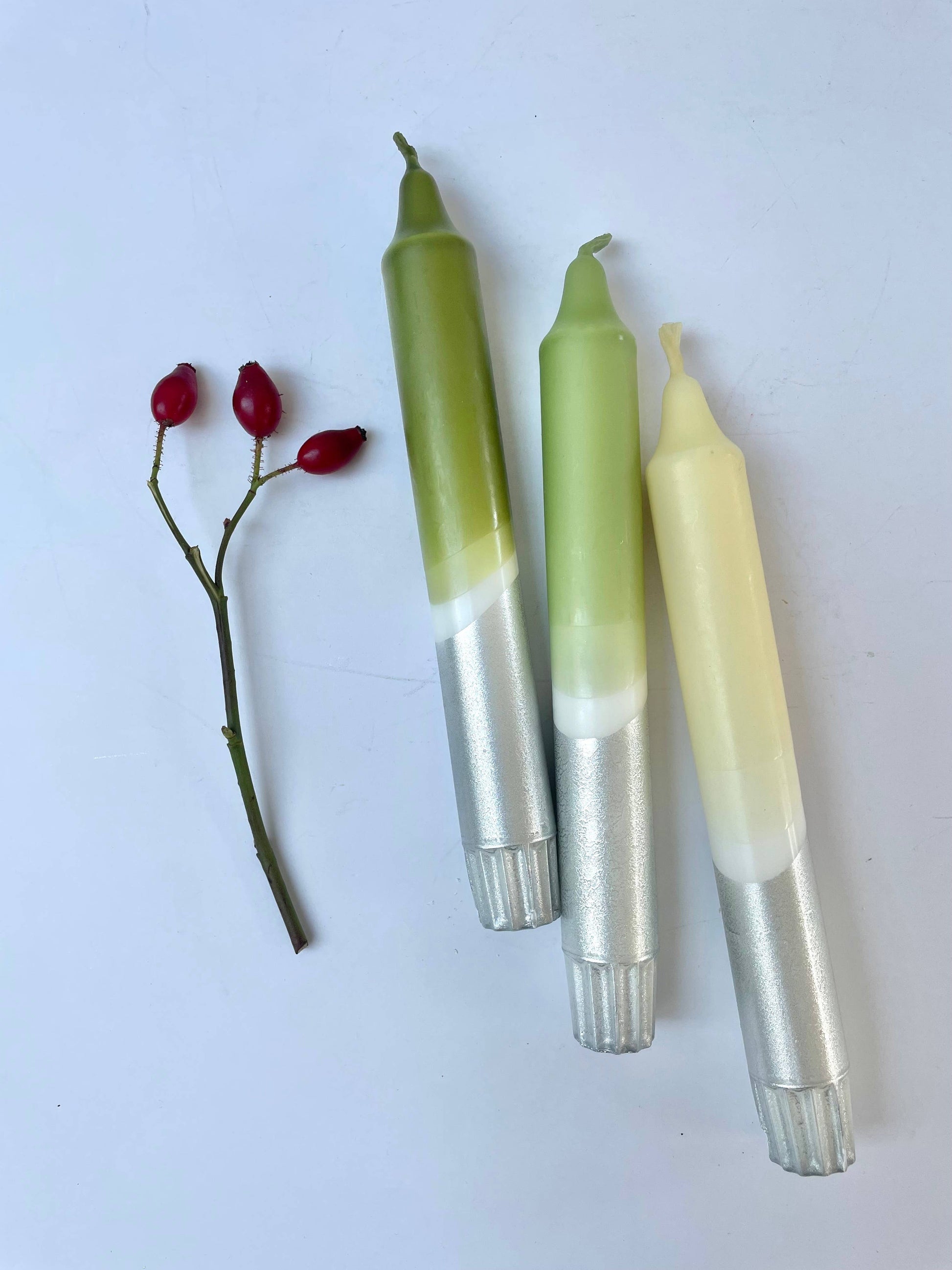 Frosted Forest & Silver Dip Dyed Dinner Candles