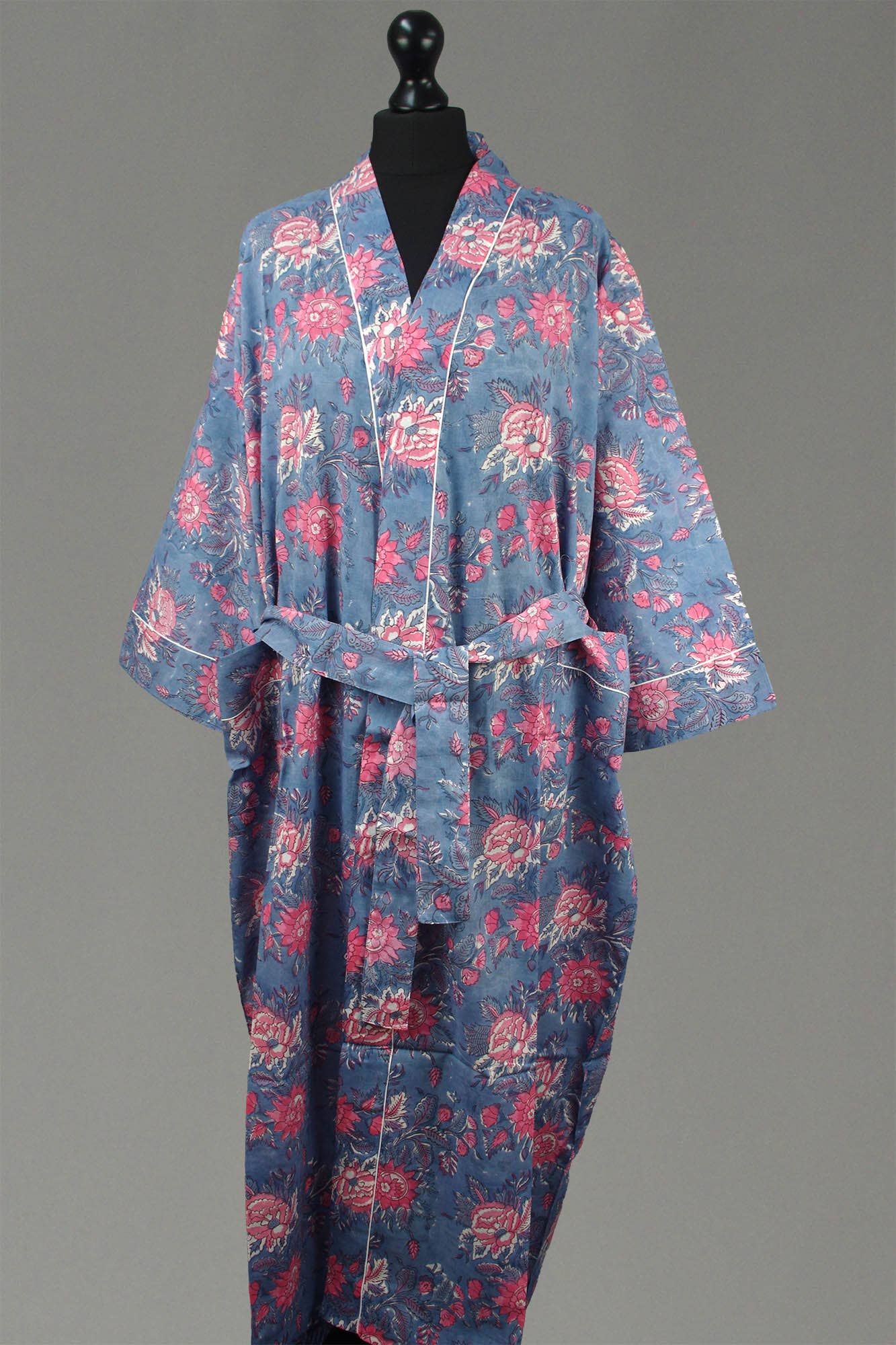 Cotton Kimono Dressing Gown - Pink Flowers On Grey