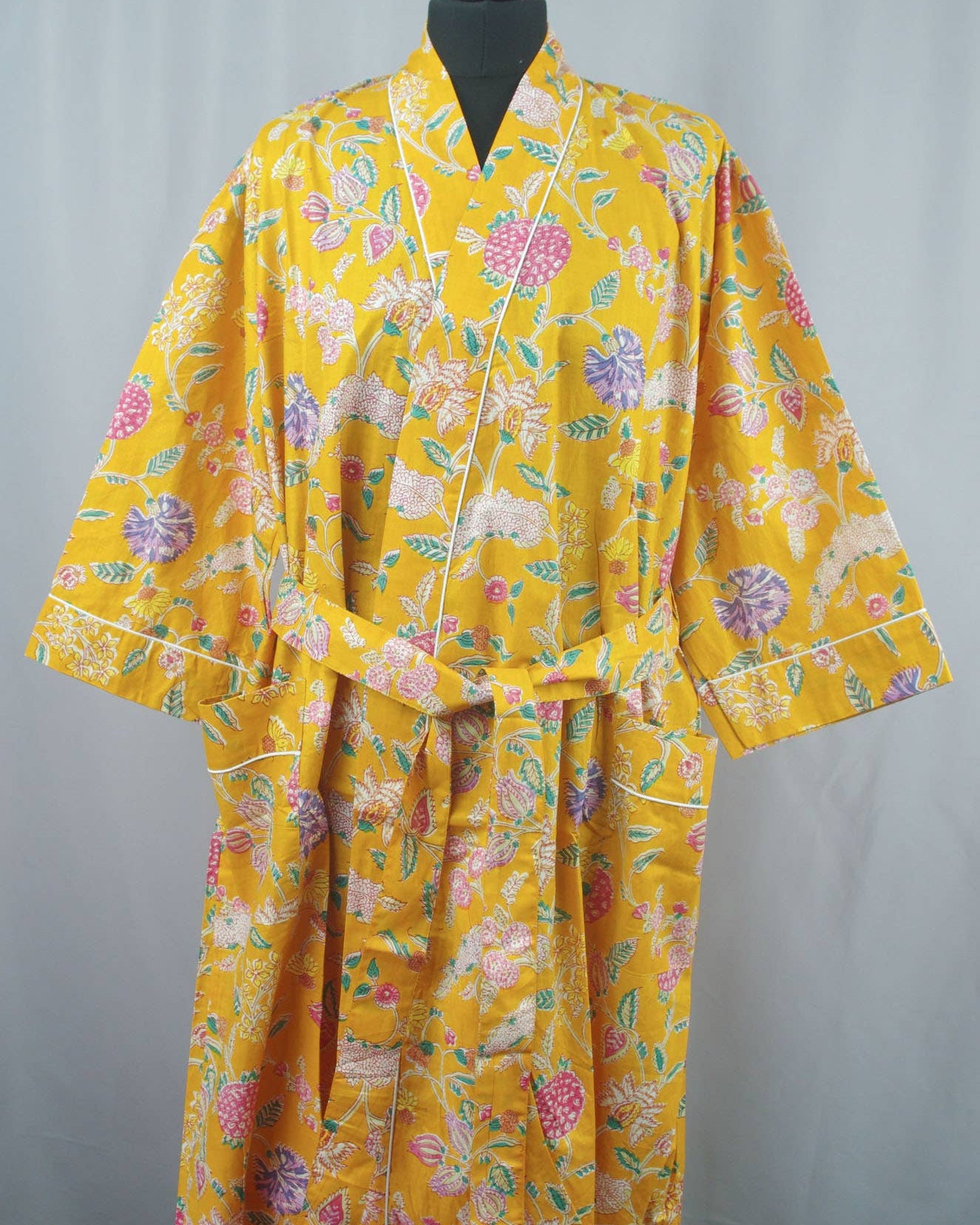 Cotton Kimono Dressing Gown - Yellow Wildflowers