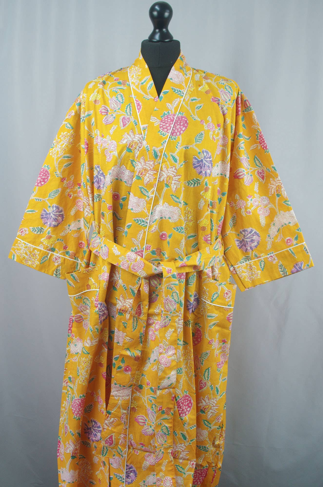 Cotton Kimono Dressing Gown - Yellow Wildflowers