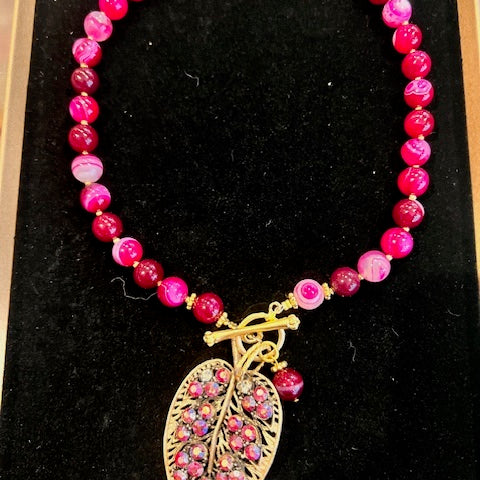 Pink Agate Necklace With Crystal Leaf