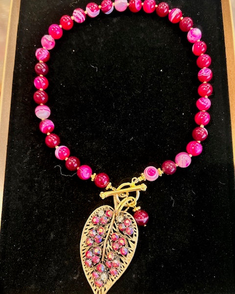 Pink Agate Necklace With Crystal Leaf