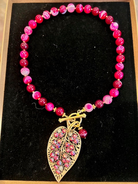 Pink Agate Necklace With Crystal Leaf