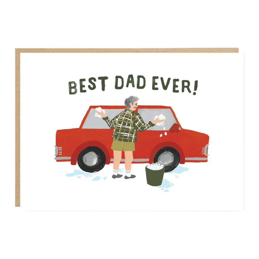 Illustration of a man washing a red car with 'Best Dad Ever!' text above.