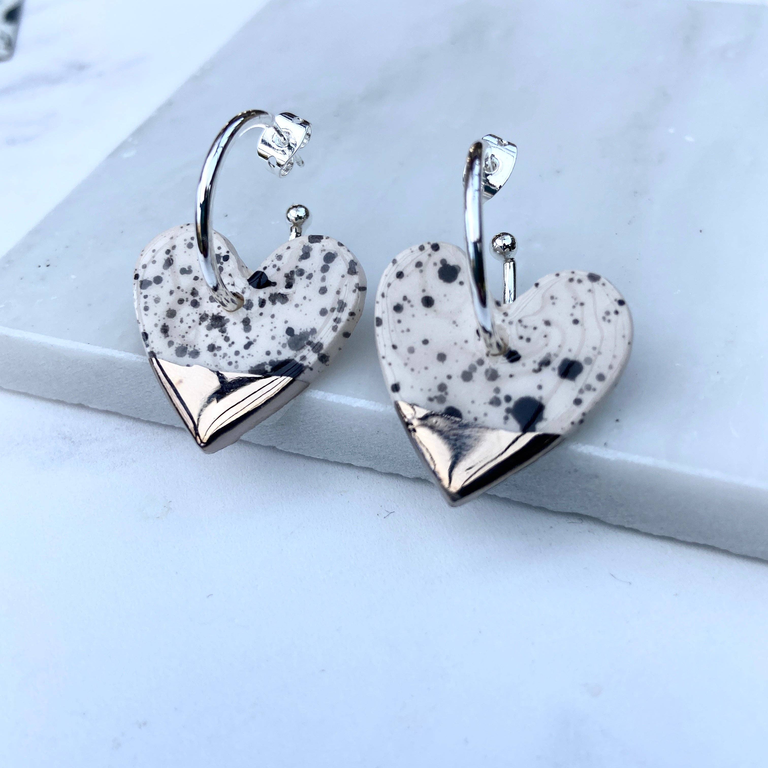 Black and White Spotty Ceramic Heart Charms With Hoops: Gold