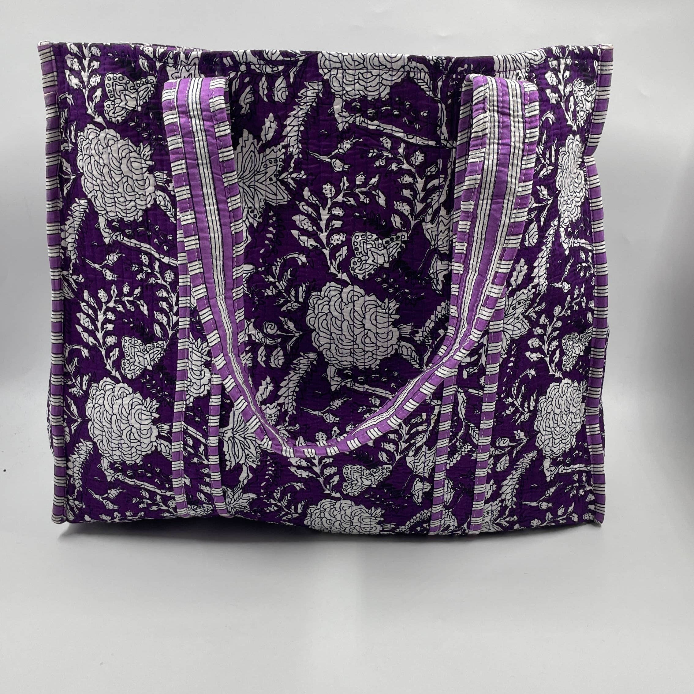 Purple Floral Cotton Quilted Tote Bag