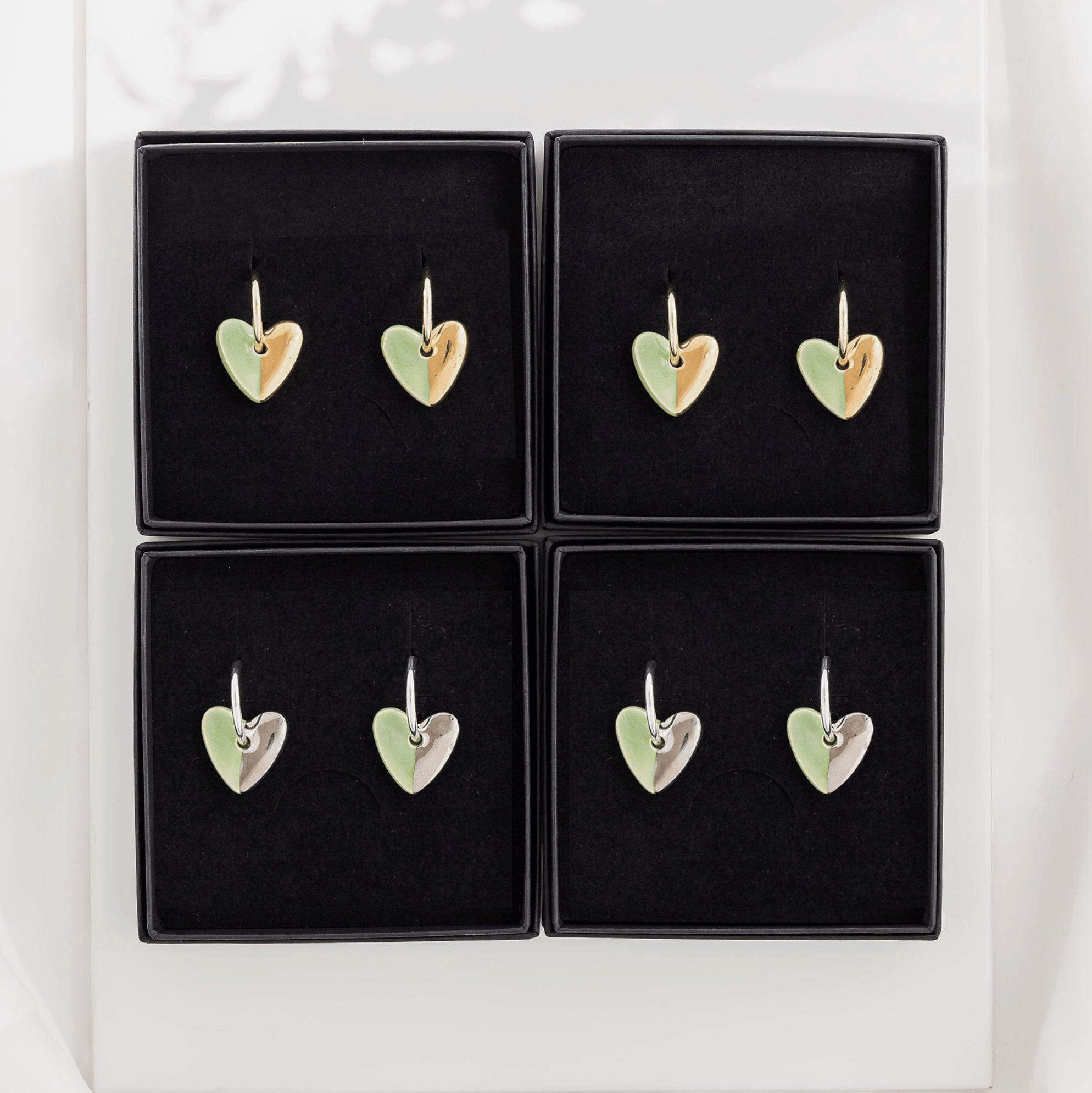 Light Green Ceramic Heart Charm With Huggie Hoops: Silver