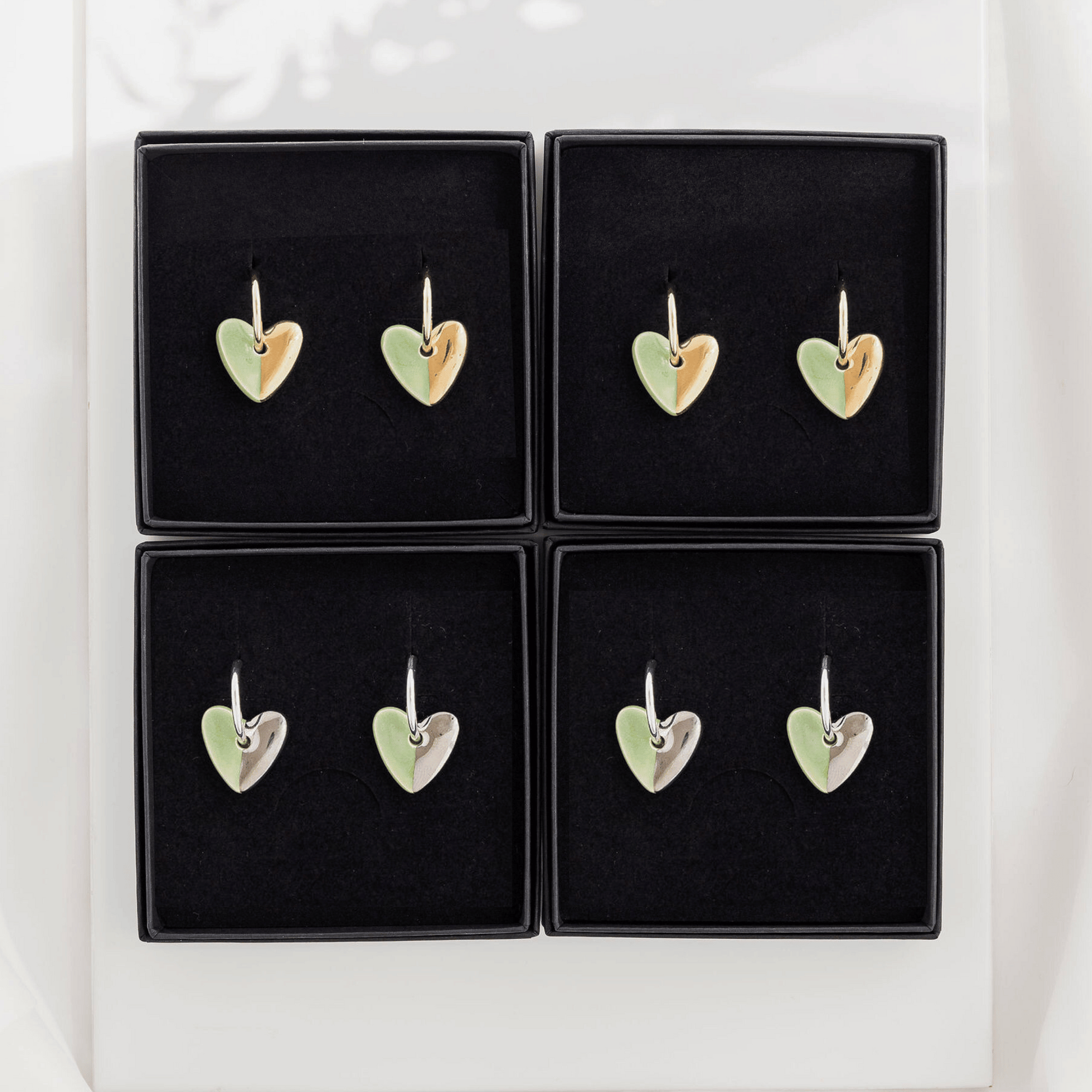 Light Green Ceramic Heart Charm With Huggie Hoops: Silver