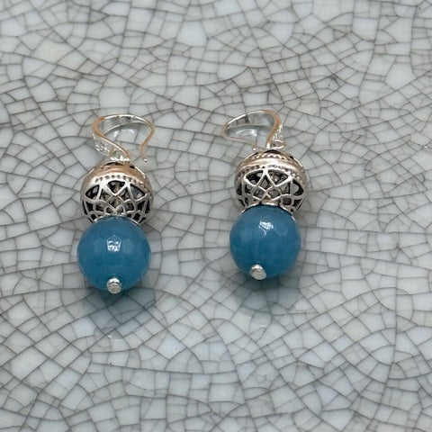 Blue faceted bead and silver ball earrings