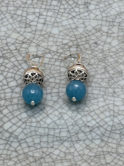 Blue faceted bead and silver ball earrings