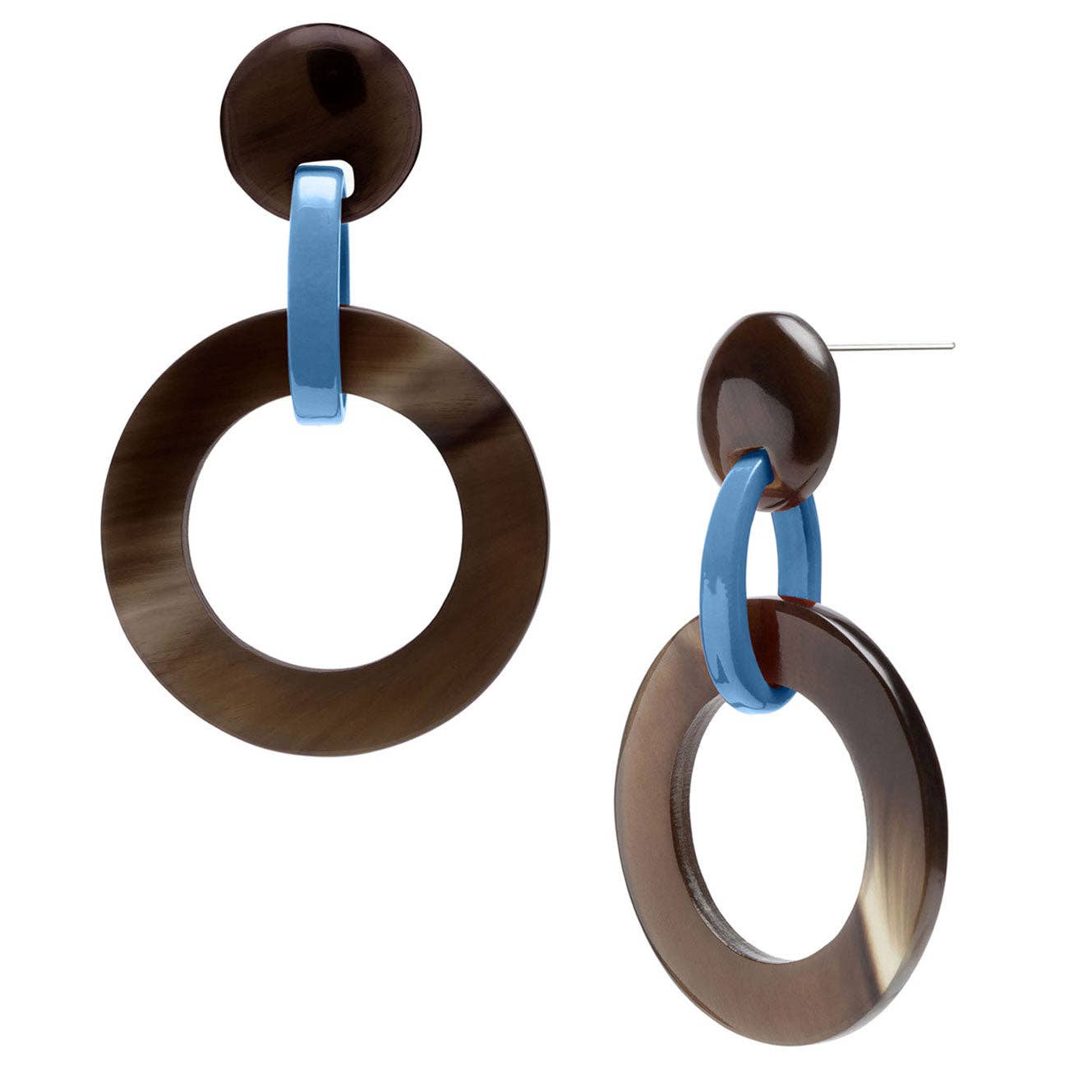 Brown natural and blue lacquered round link earrings