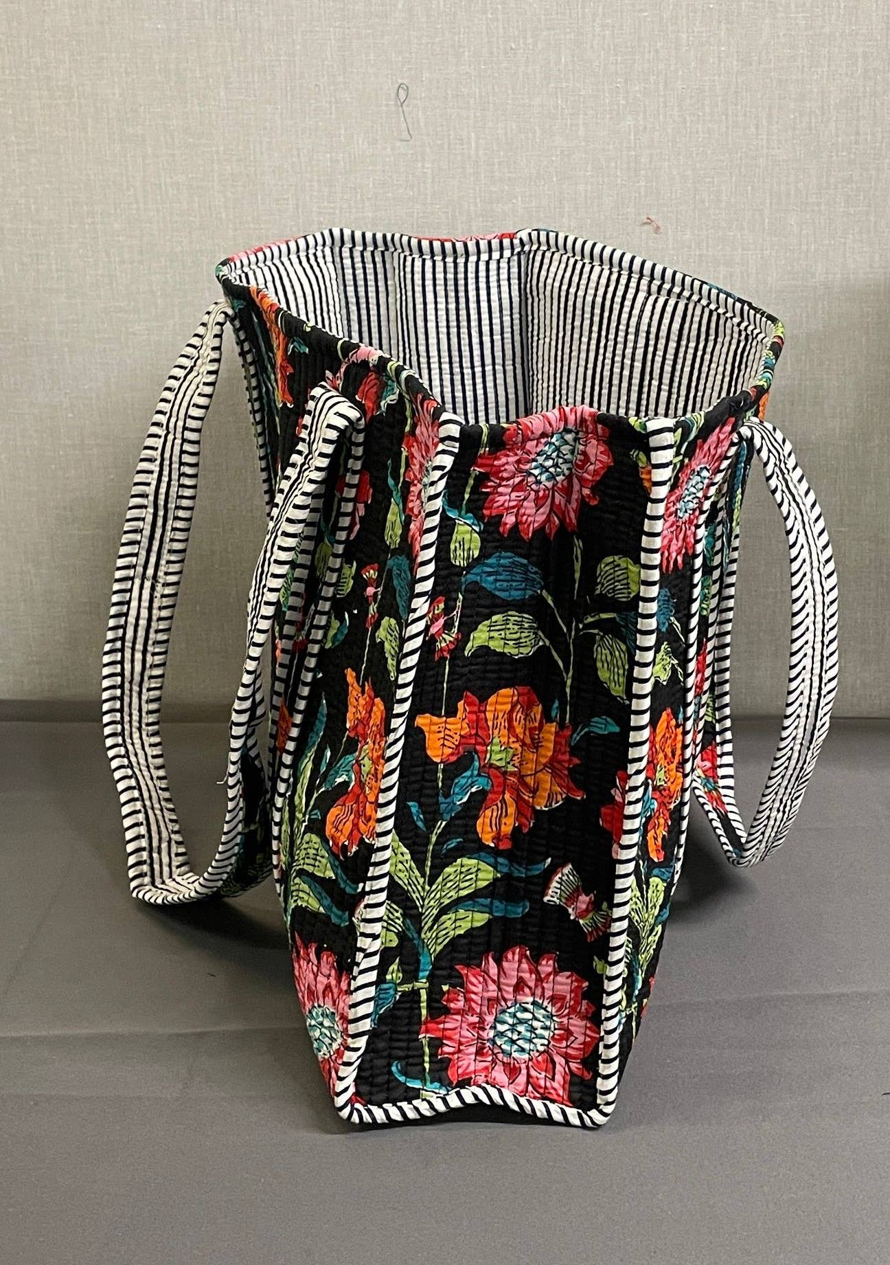 Black Floral Kantha Quilted Tote Bag