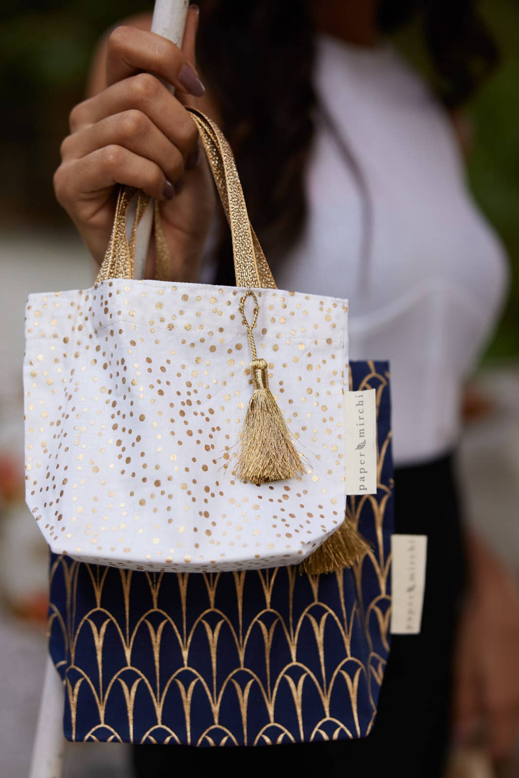 Large Navy Deco Reusable Fabric Gift Bags Tote Style  H30cm x W34cm x D10cm