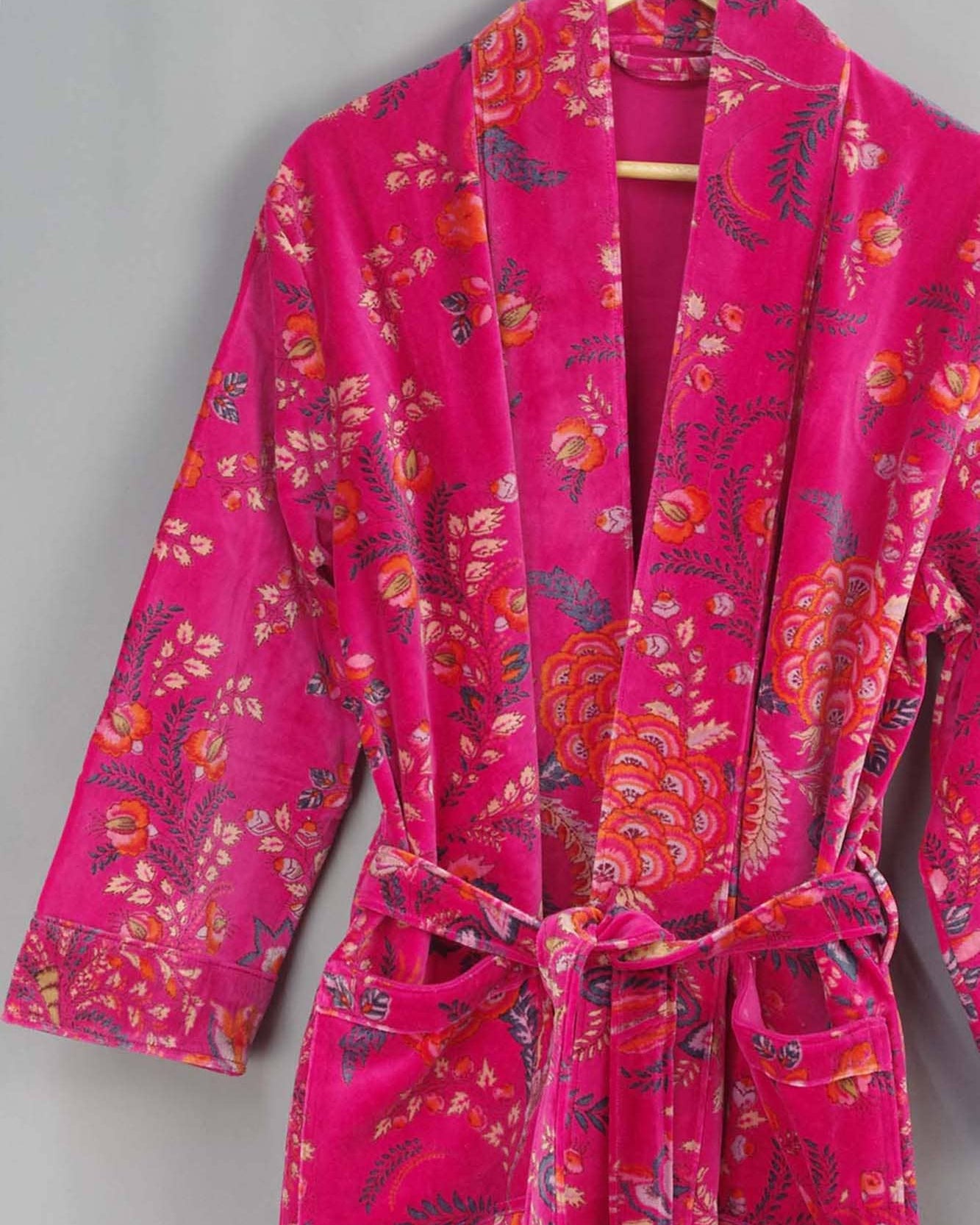 Velvet Kimono With Lining Gown - Hot Pink Floral