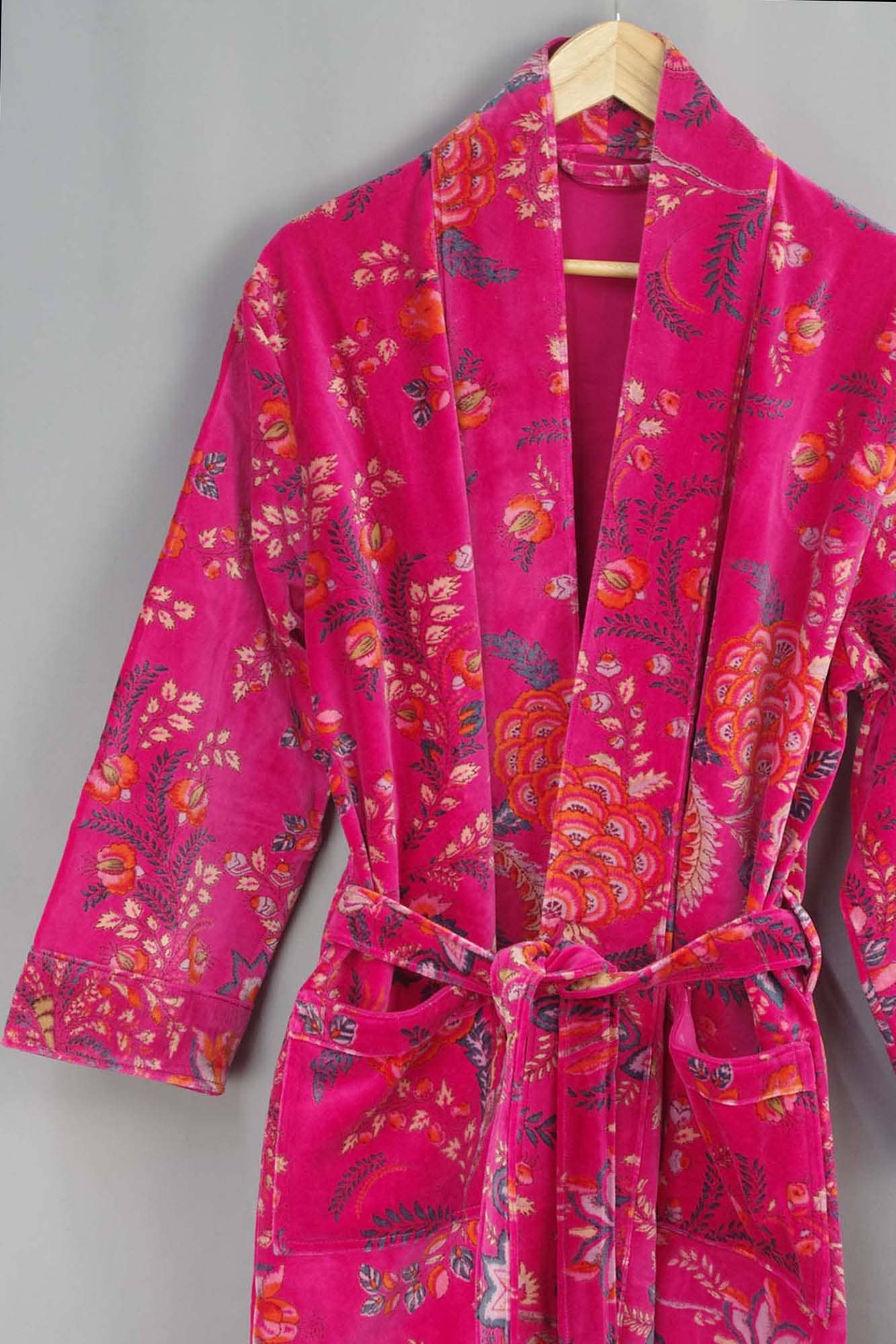 Velvet Kimono With Lining Gown - Hot Pink Floral