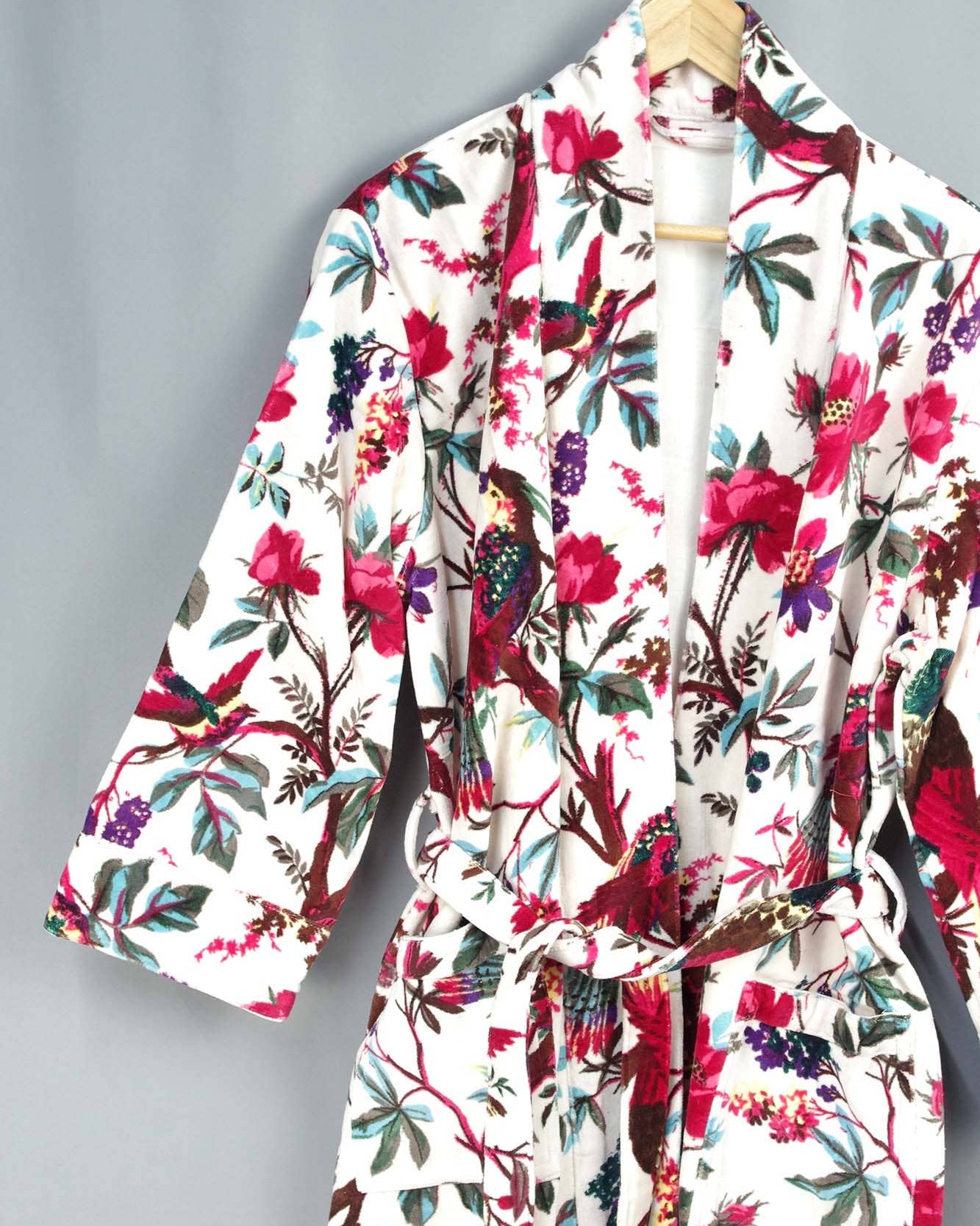 White Velvet Kimono With Tropical Flower Print
