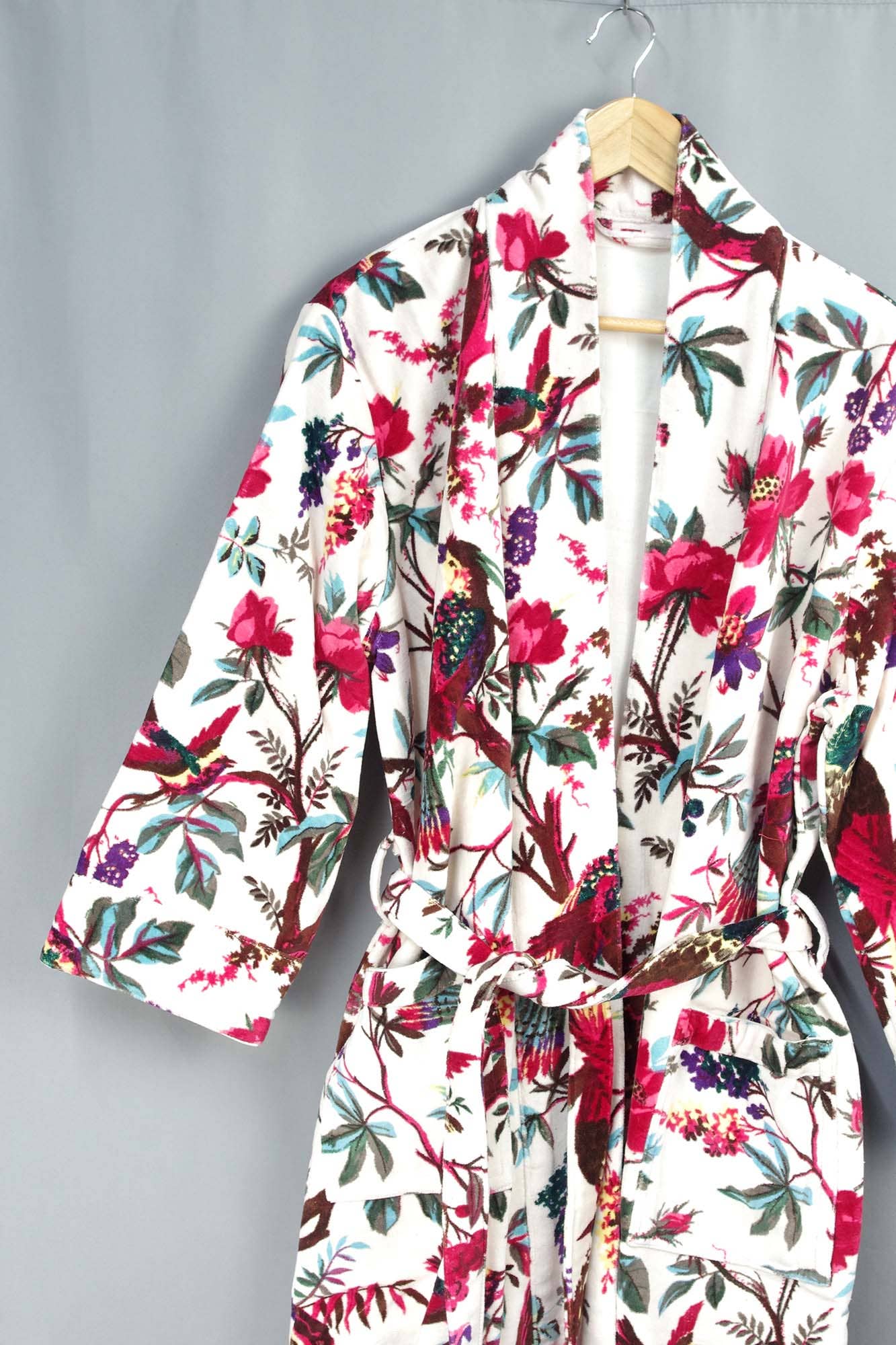 White Velvet Kimono With Tropical Flower Print