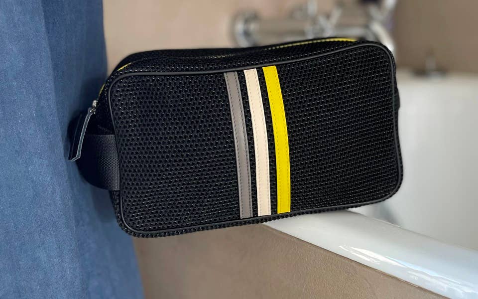 Black Toiletry Bag with white, yellow, grey leather stripes
