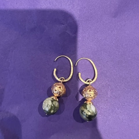 Green agate and gold ball hook earrings