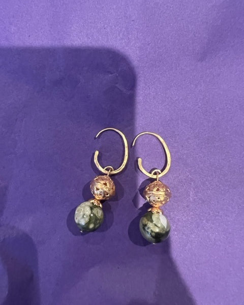 Green agate and gold ball hook earrings