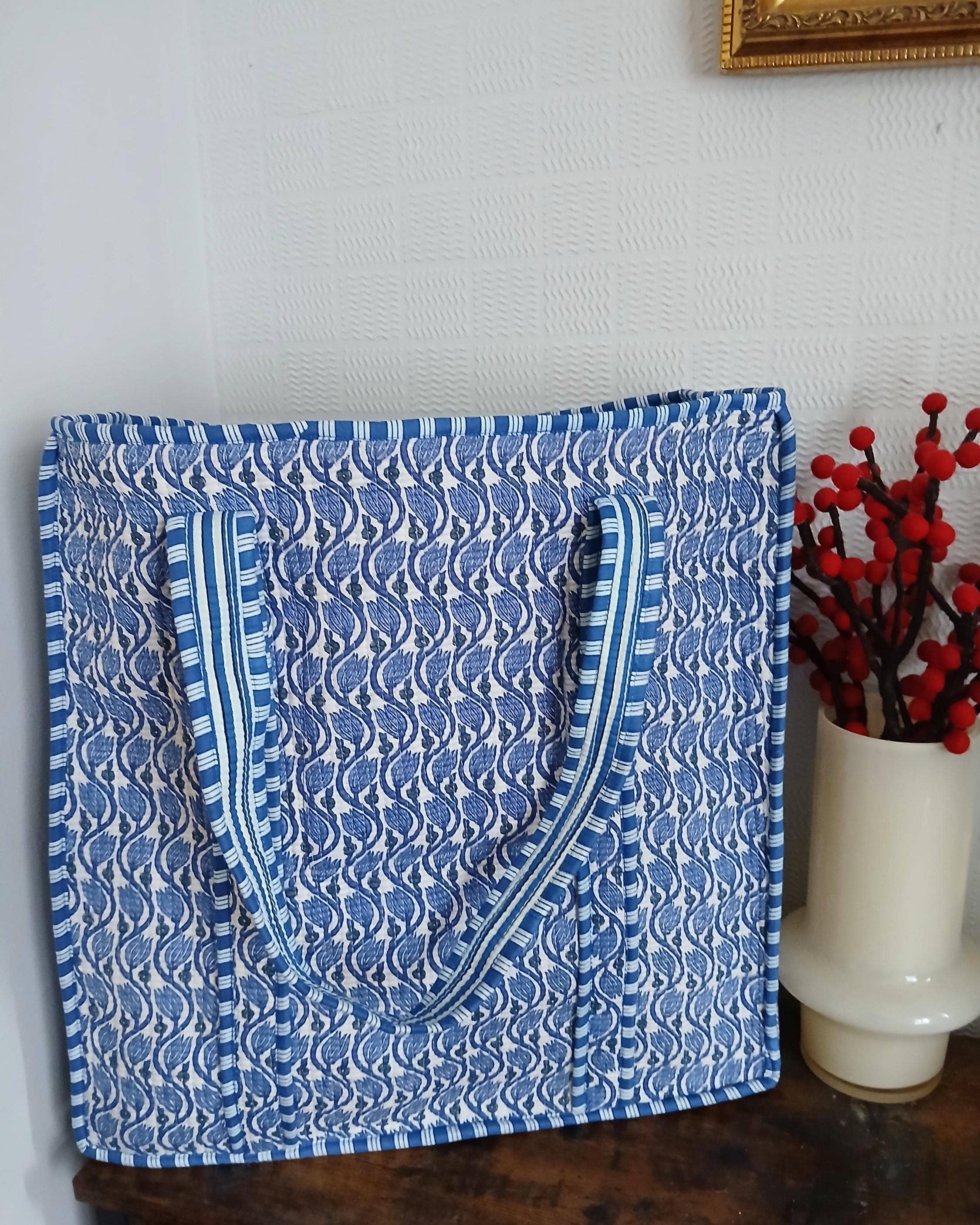 Blue Lotus Flower Print  Kantha Quilted Tote Bag