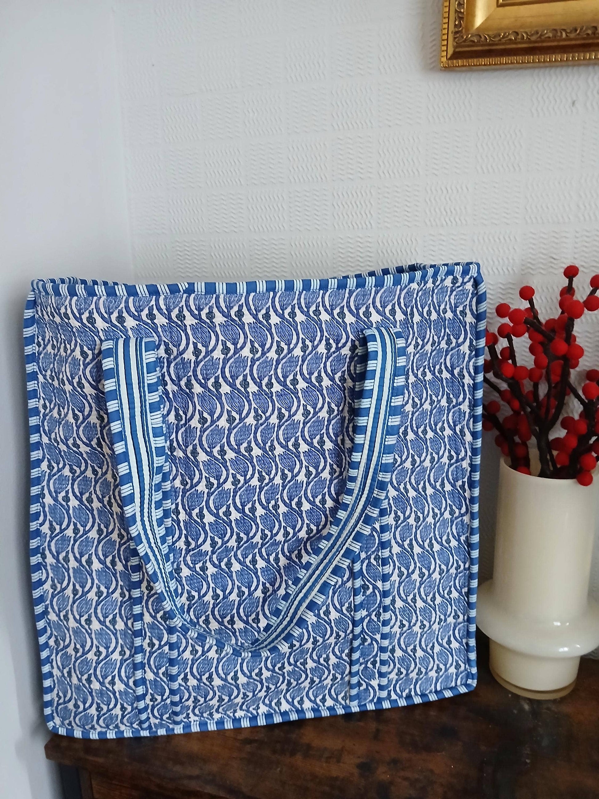 Blue Lotus Flower Print  Kantha Quilted Tote Bag