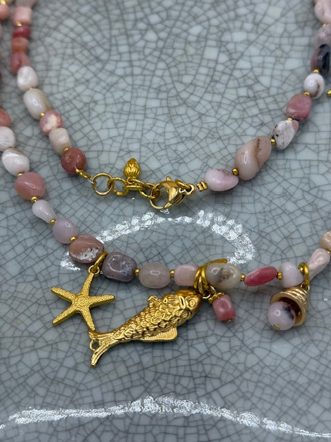 Long Pink Opal & Gold Necklace With Charms