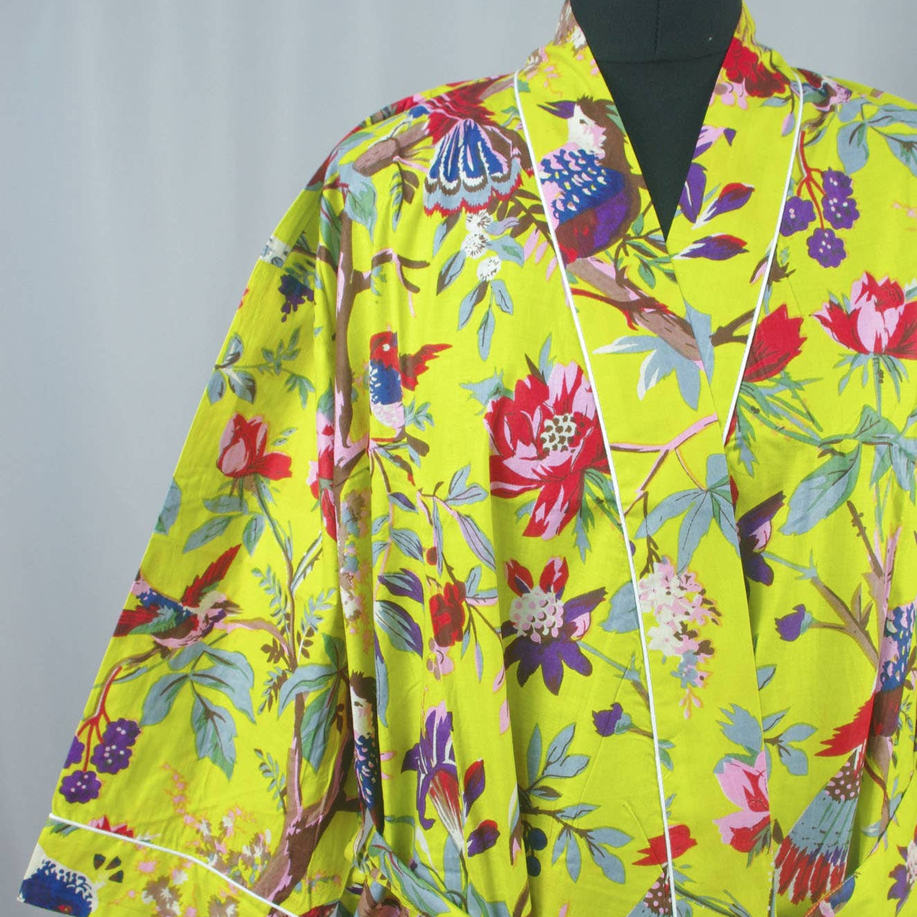 Cotton Kimono Dressing Gown - Lime Green Tropical Birds