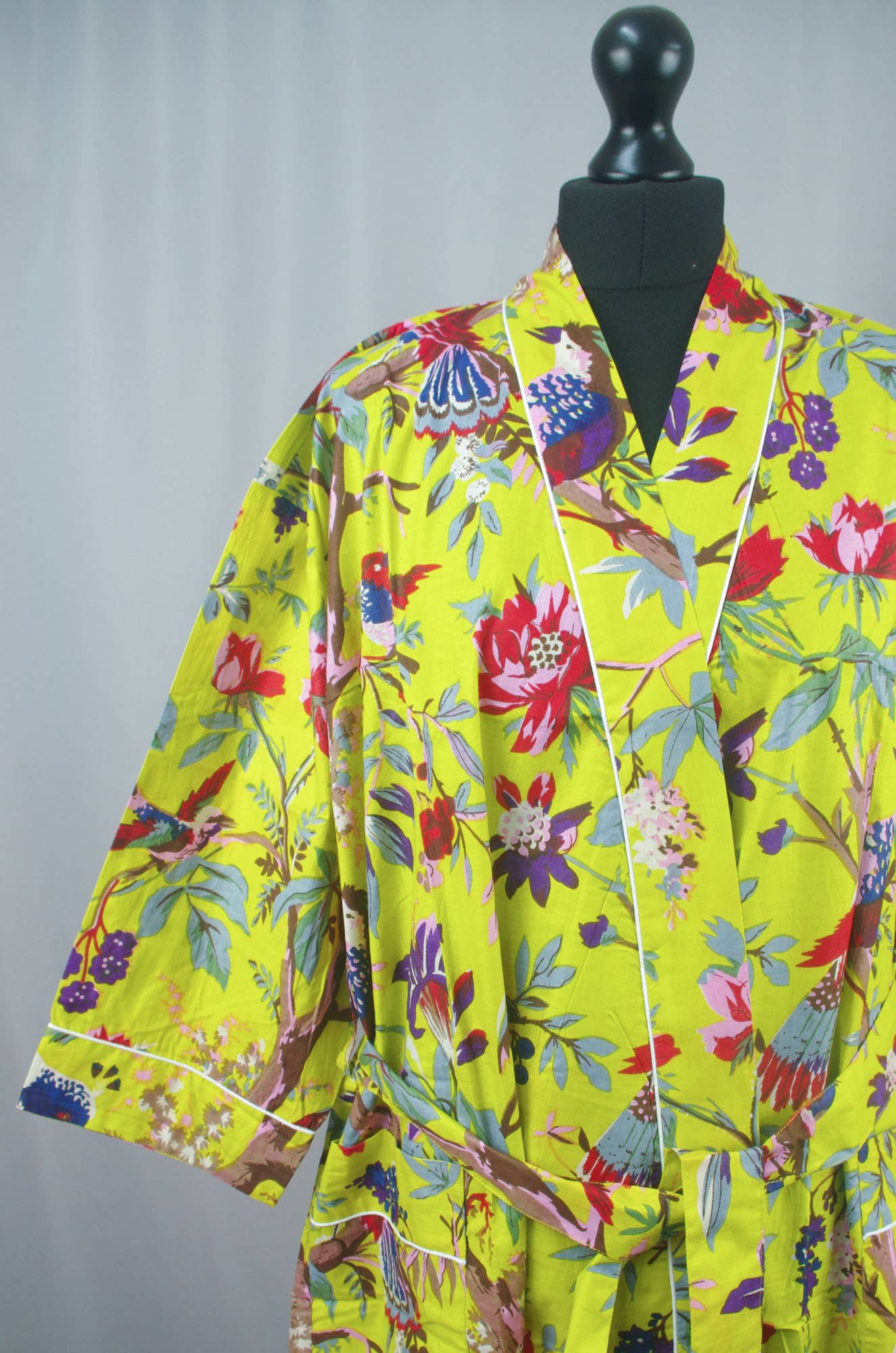 Cotton Kimono Dressing Gown - Lime Green Tropical Birds