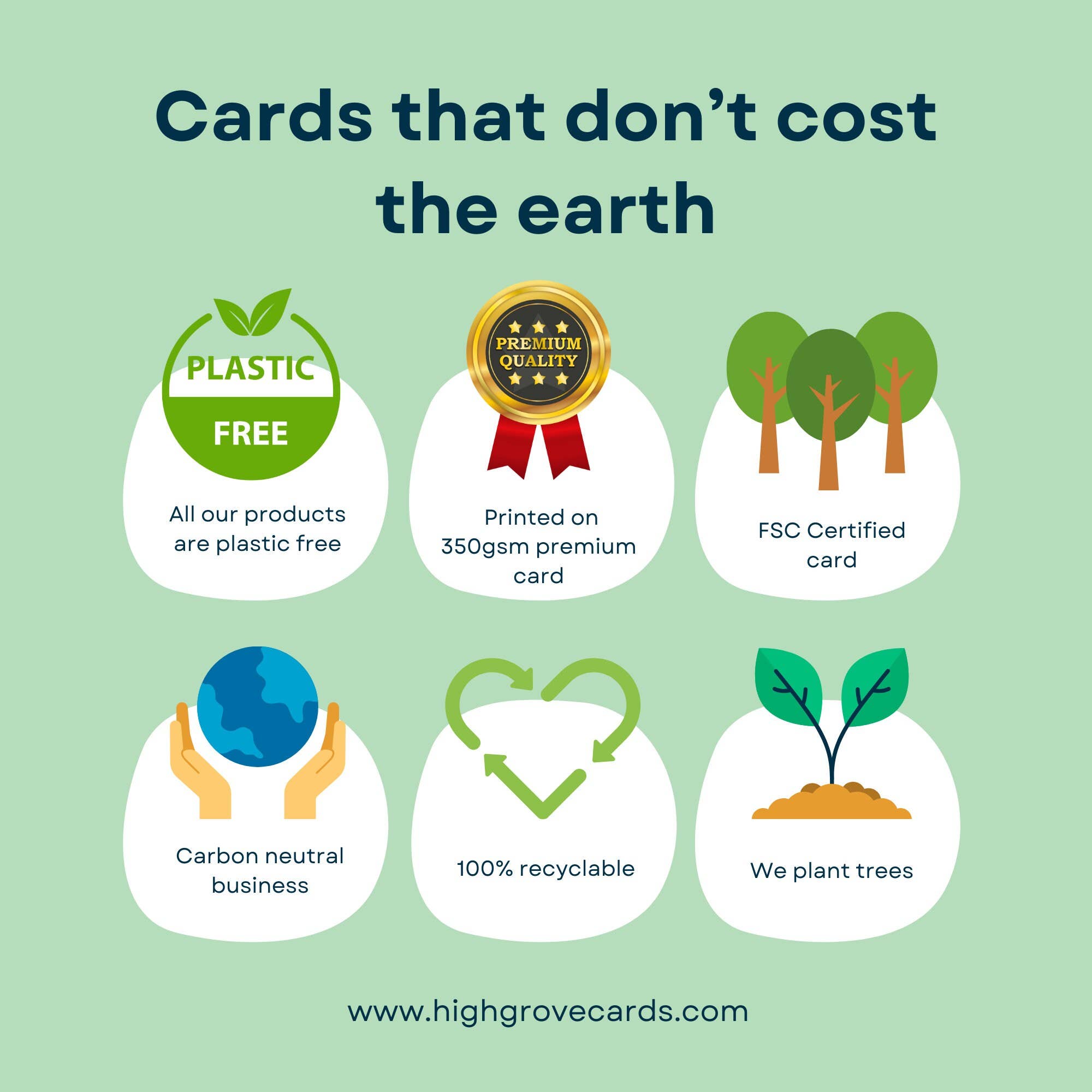 Promotional graphic for eco-friendly cards with icons and text on a green background.