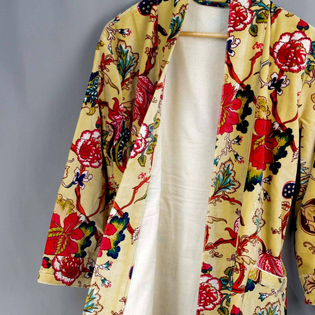 Velvet Kimono With Lining Gown - Yellow Tropical Floral