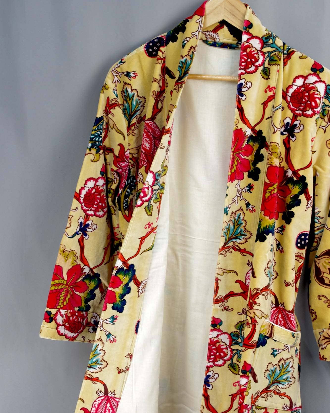 Velvet Kimono With Lining Gown - Yellow Tropical Floral