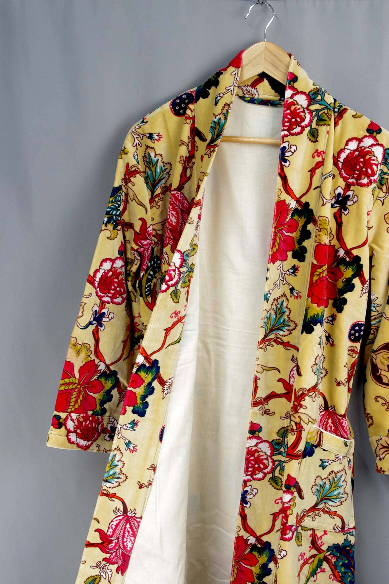 Velvet Kimono With Lining Gown - Yellow Tropical Floral