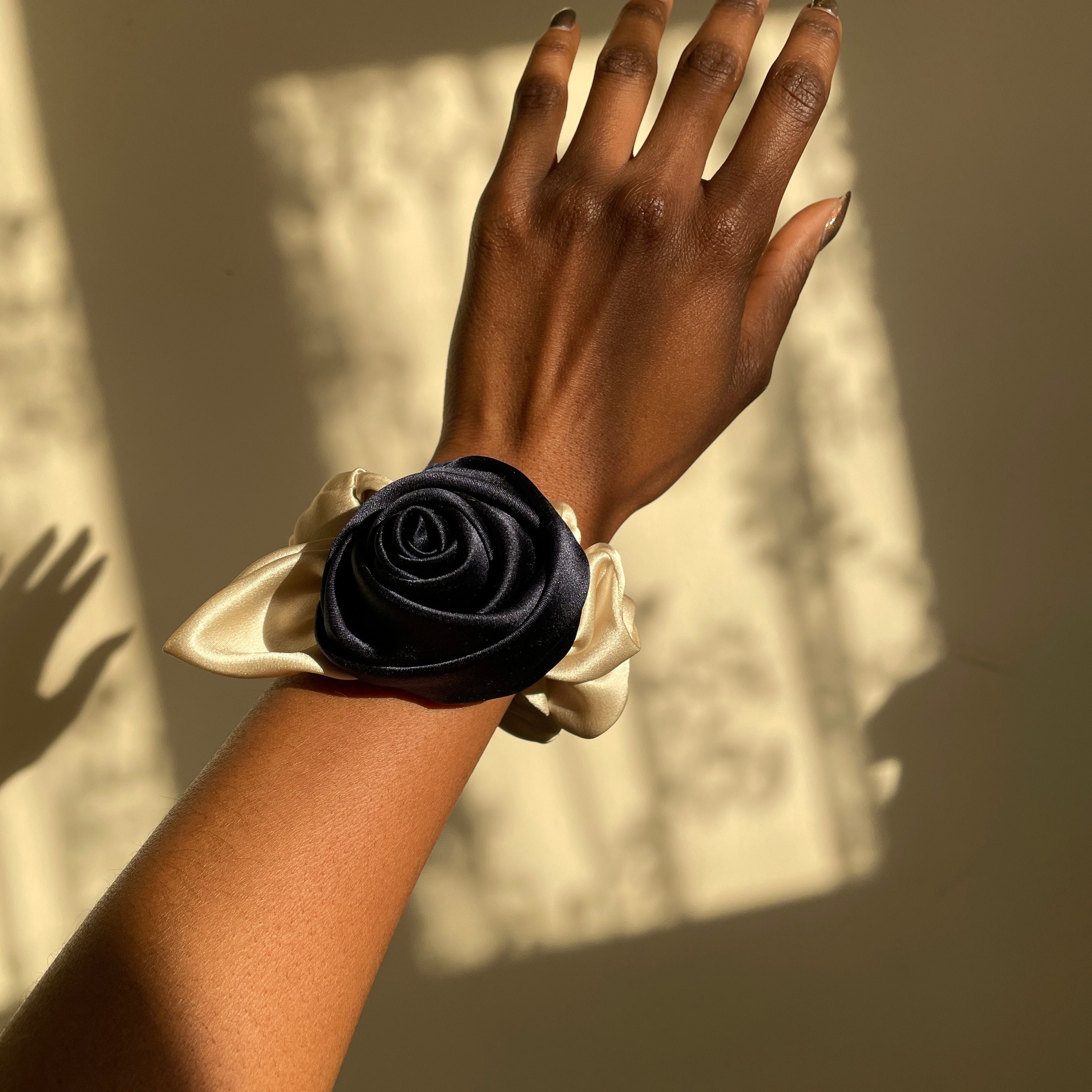 Silk Navy Rose Scrunchy