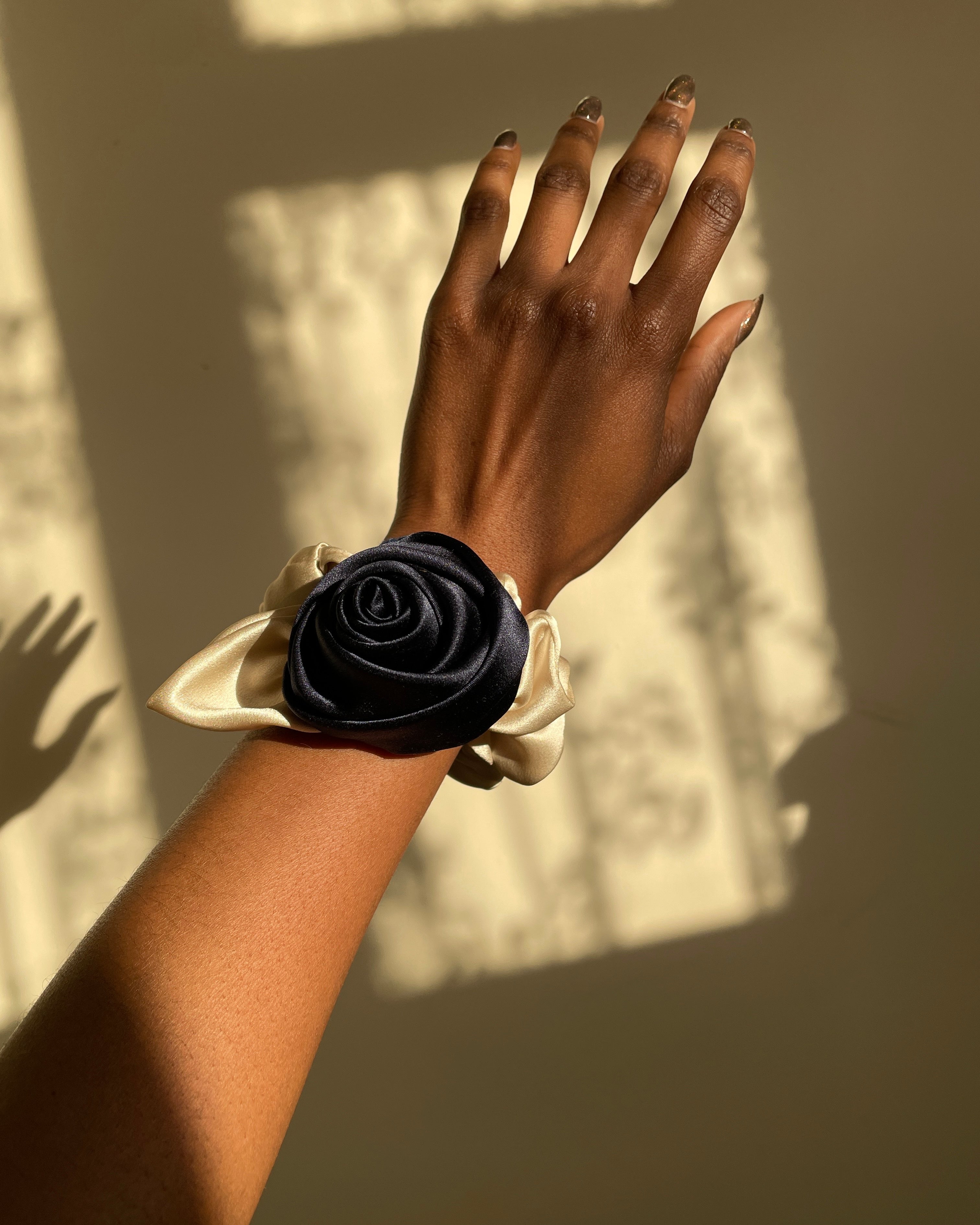 Silk Navy Rose Scrunchy