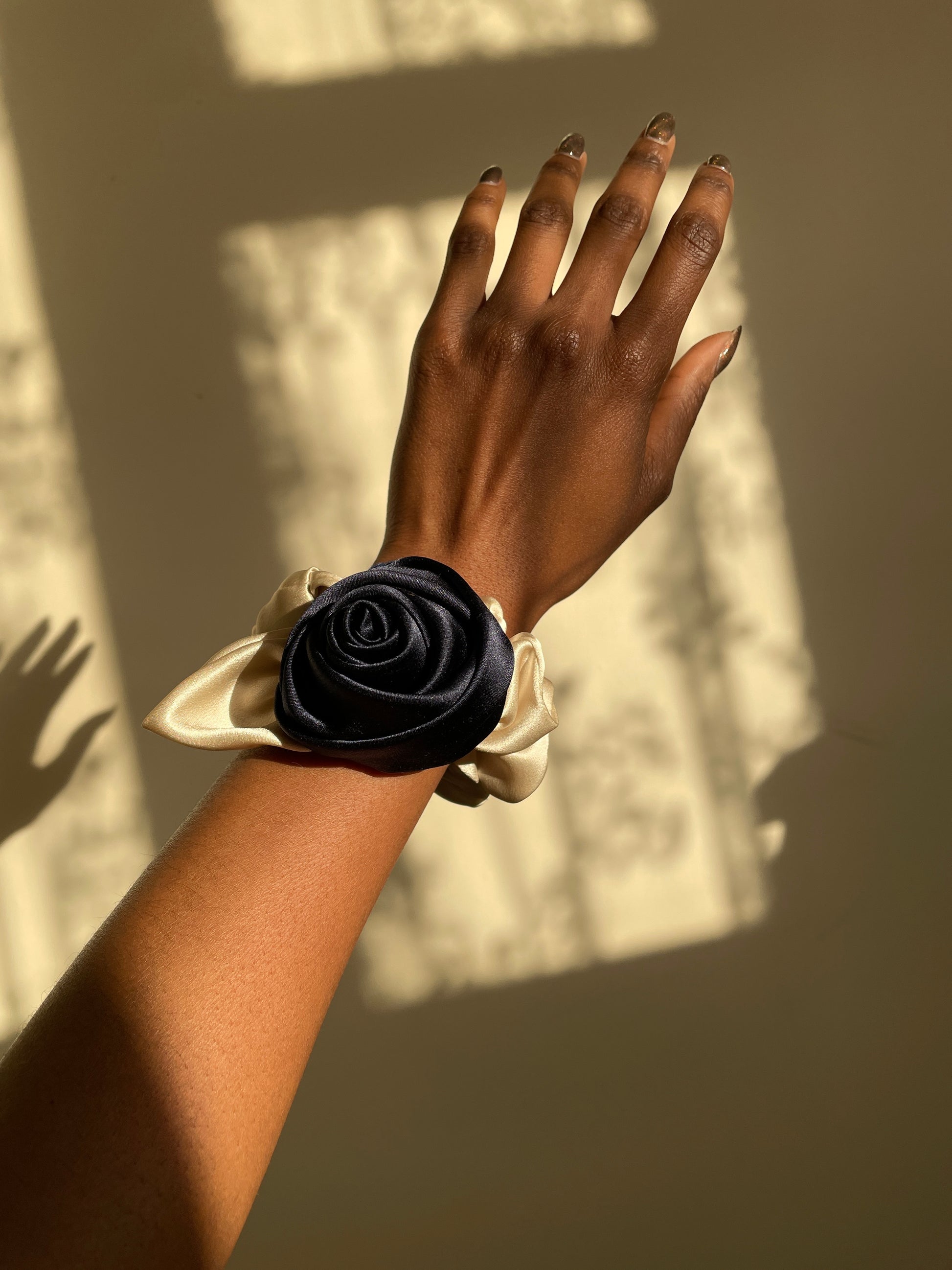 Silk Navy Rose Scrunchy