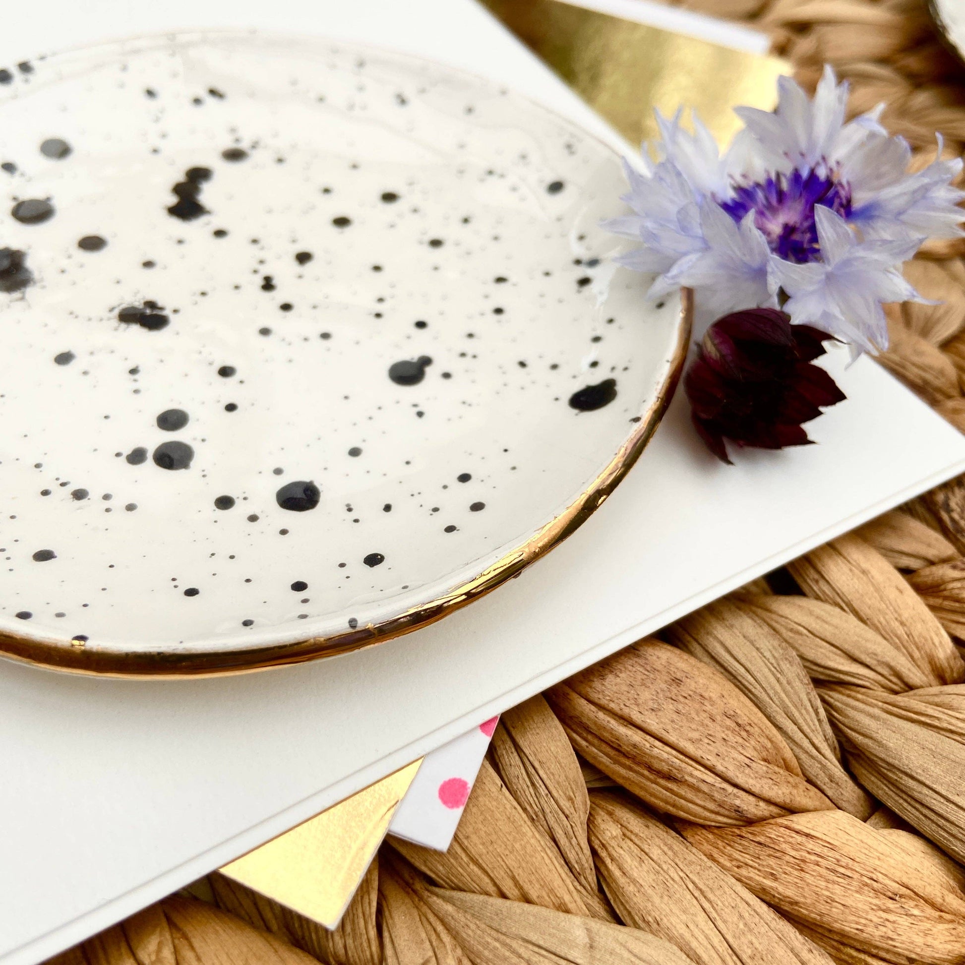 Black and White Spotty Ceramic Trinket Dish: Gold