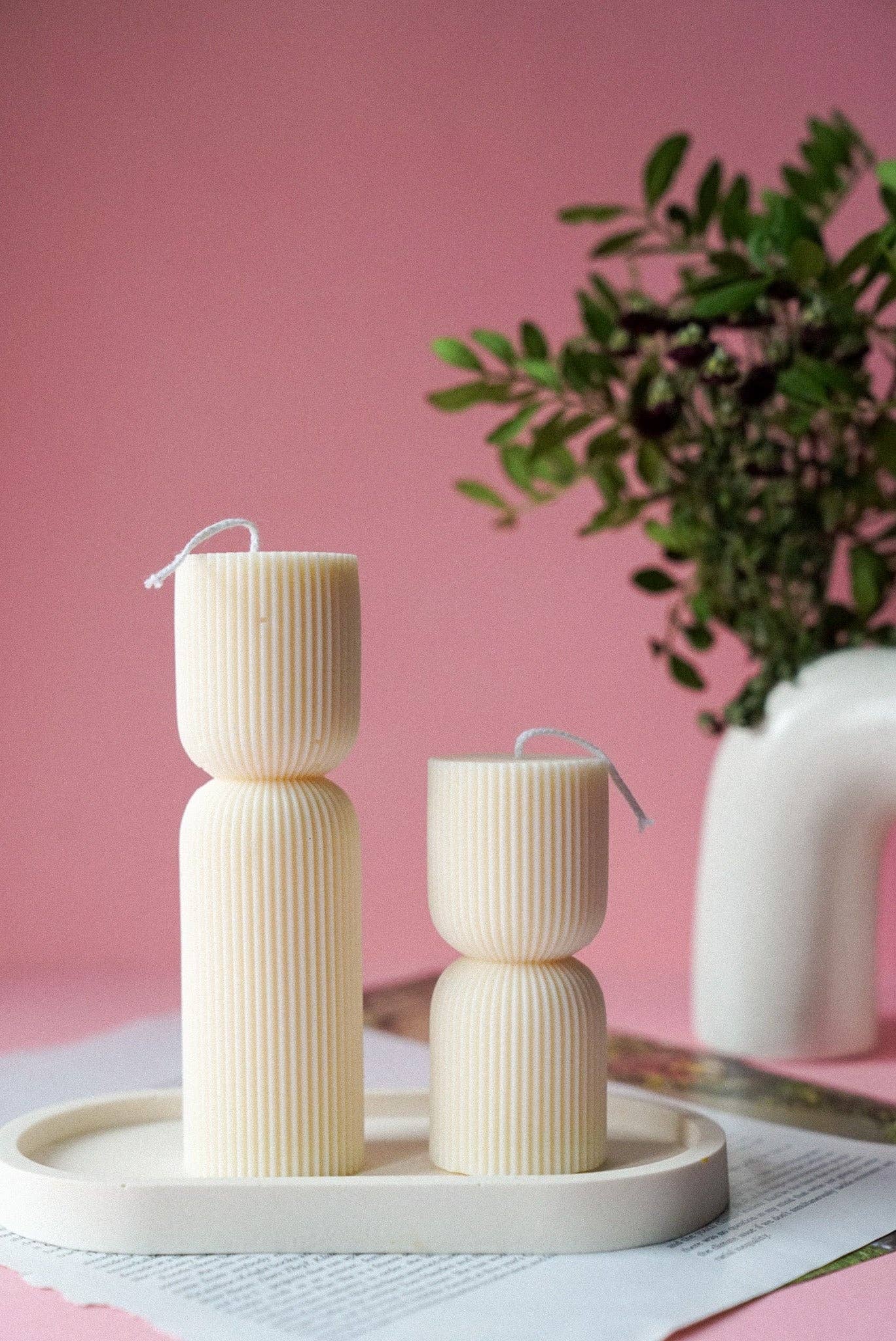 Hourglass Ribbed Candle Pink - Large