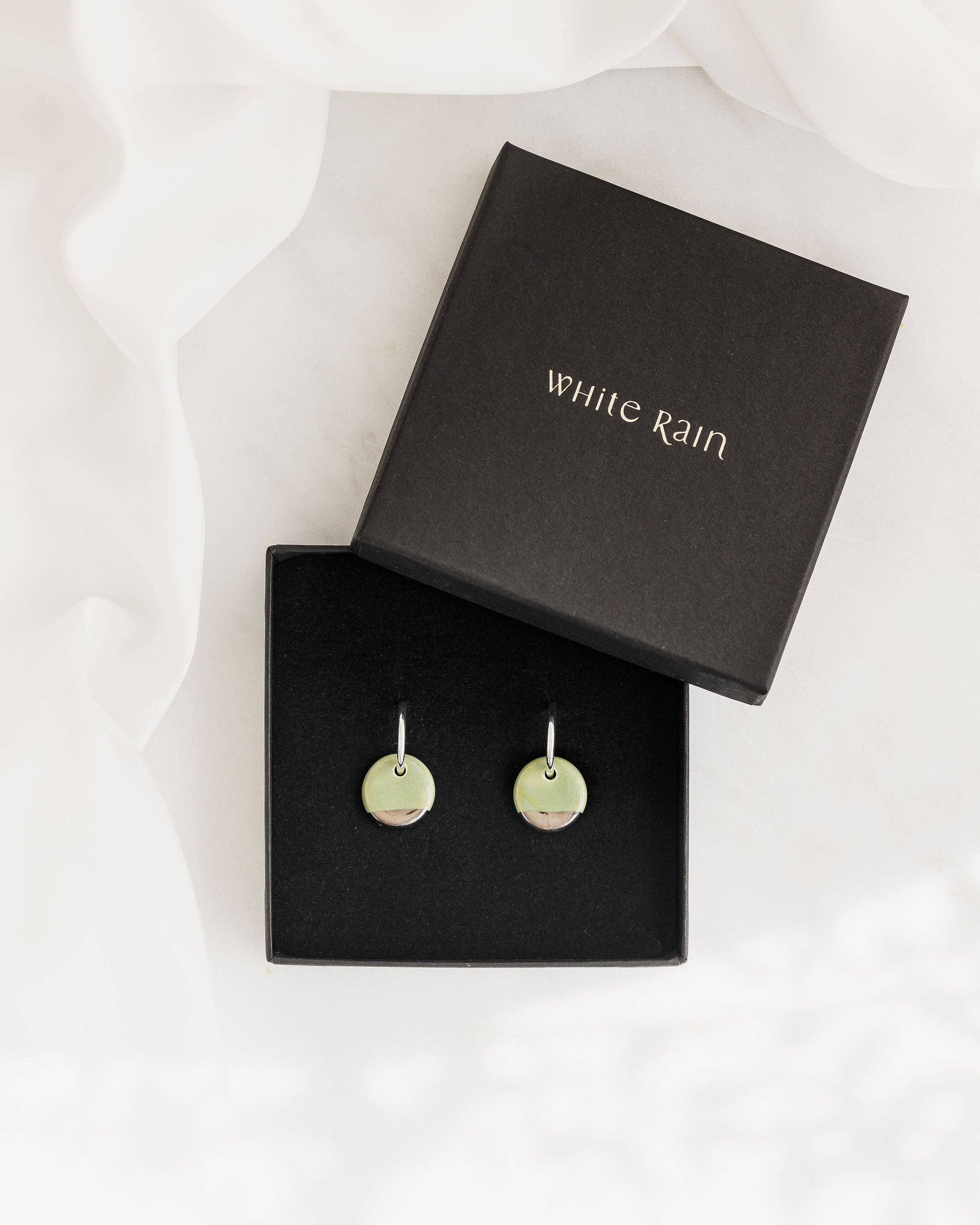 Light Green Mini Ceramic Circle Charm With Huggie Hoops: Gold