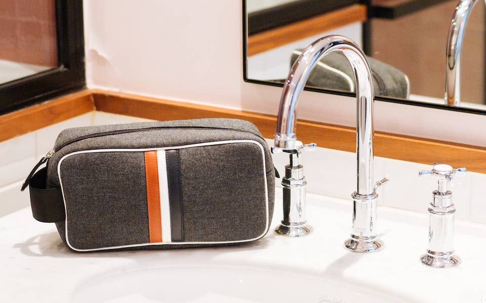 Men toiletry bagin Gray Red White Blue  fabric and leather