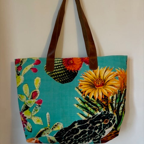 Blue Floral Bag with leather handles