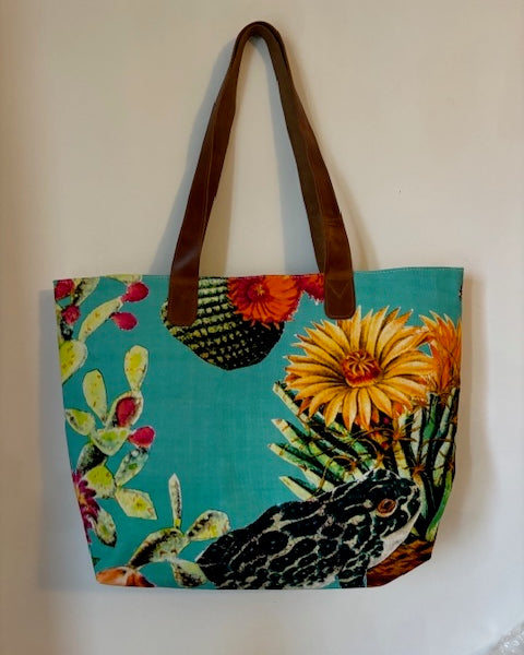 Blue Floral Bag with leather handles
