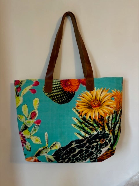 Blue Floral Bag with leather handles