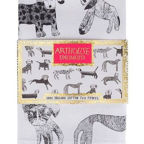 Tea towel with dog pattern packaging featuring Arthouse Unlimited branding.