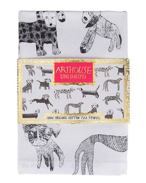 Tea towel with dog pattern packaging featuring Arthouse Unlimited branding.