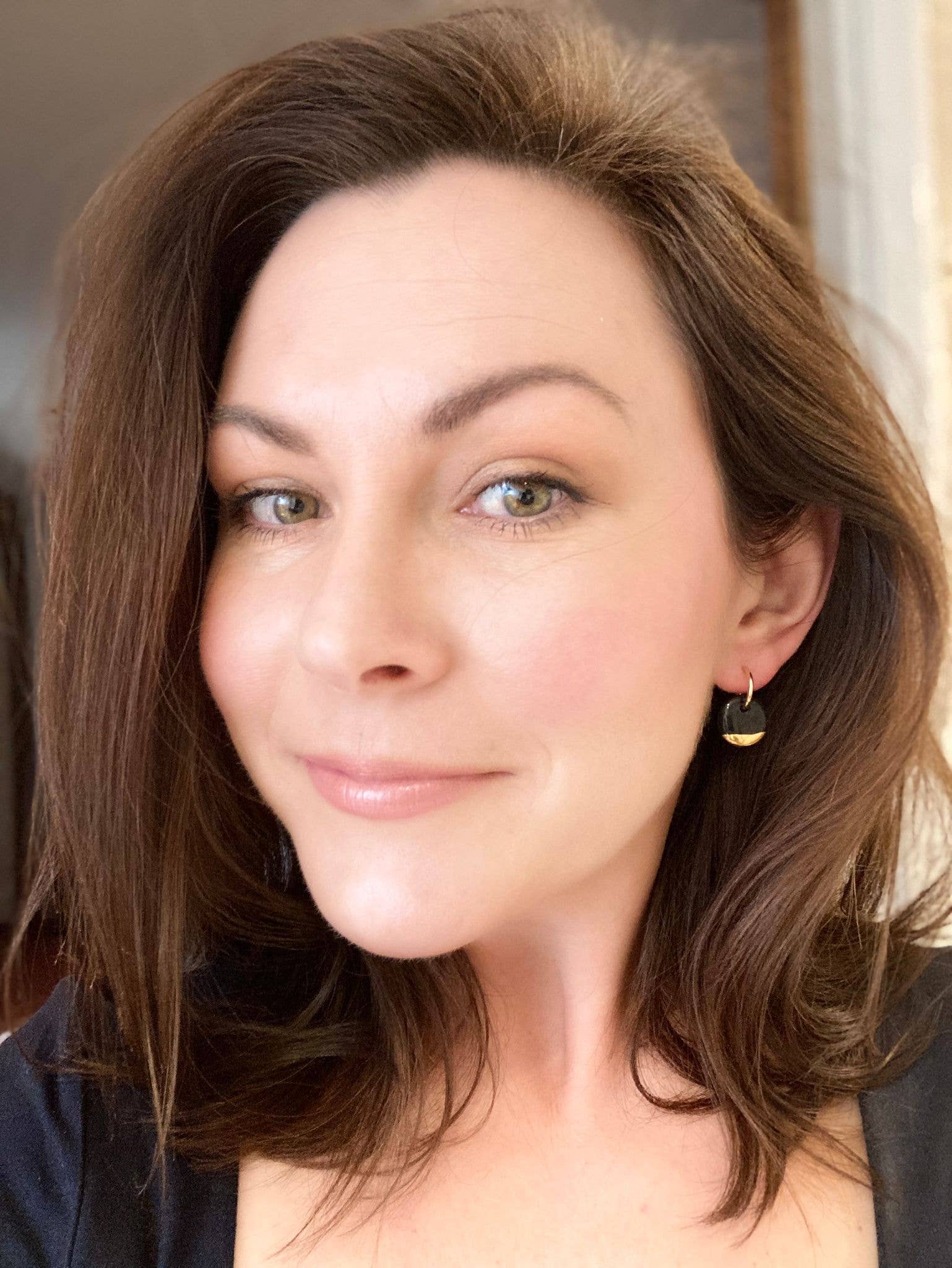 Black Mini Ceramic Circle Charm With Huggie Hoops: Gold