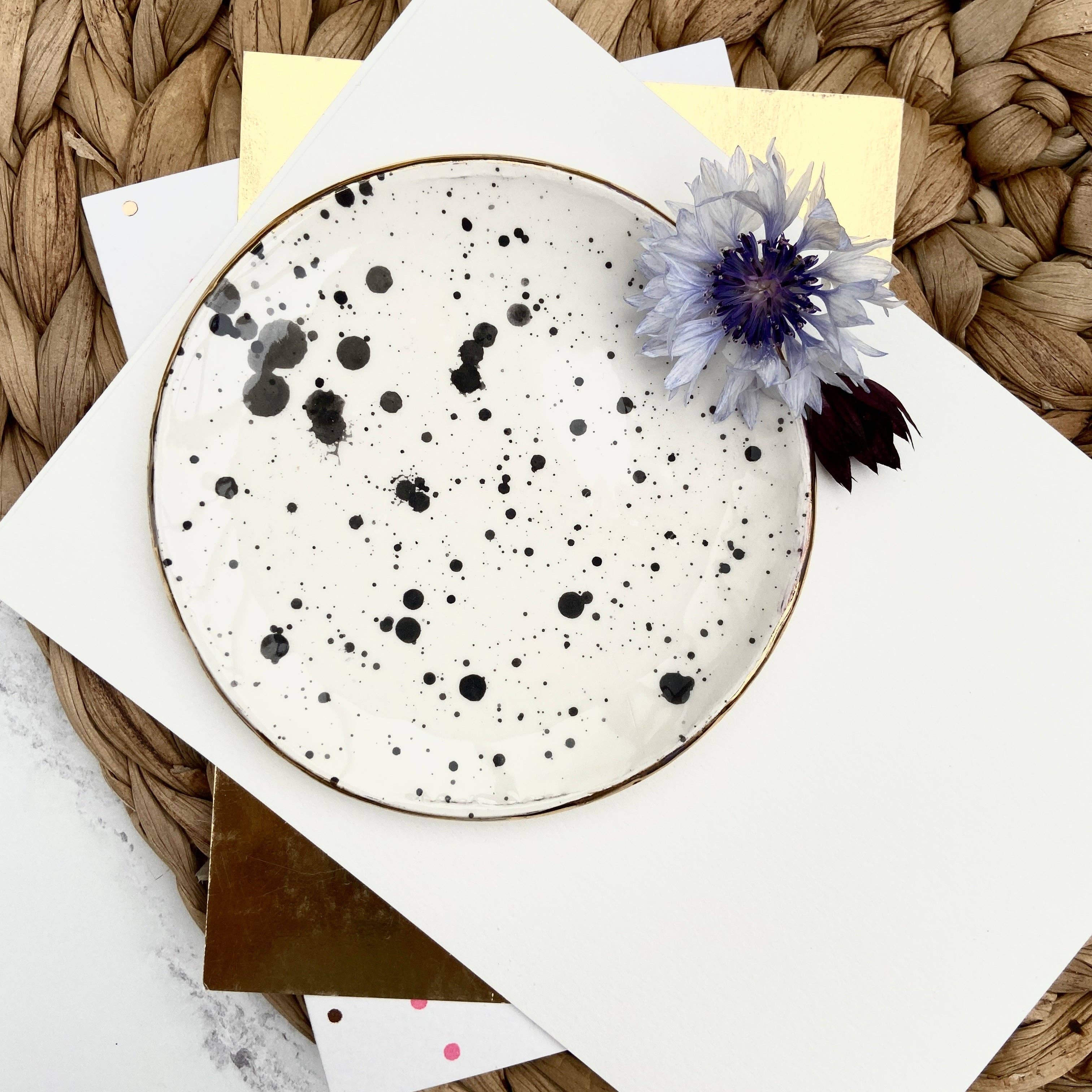 Black and White Spotty Ceramic Trinket Dish: Gold