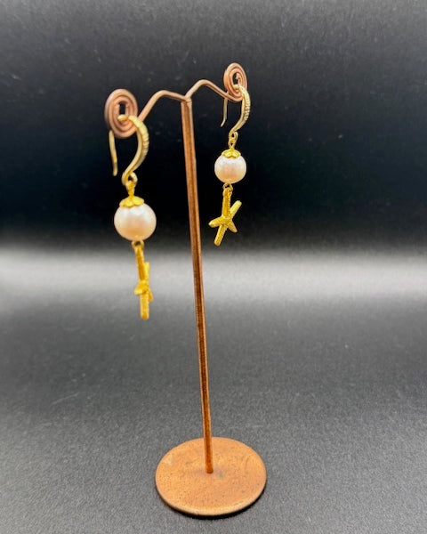 Freshwater Pearl & Gold Star Fish Drop Earrings