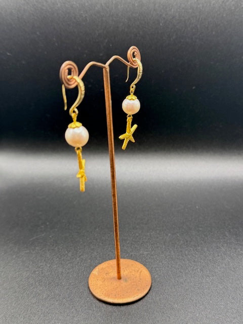 Freshwater Pearl & Gold Star Fish Drop Earrings